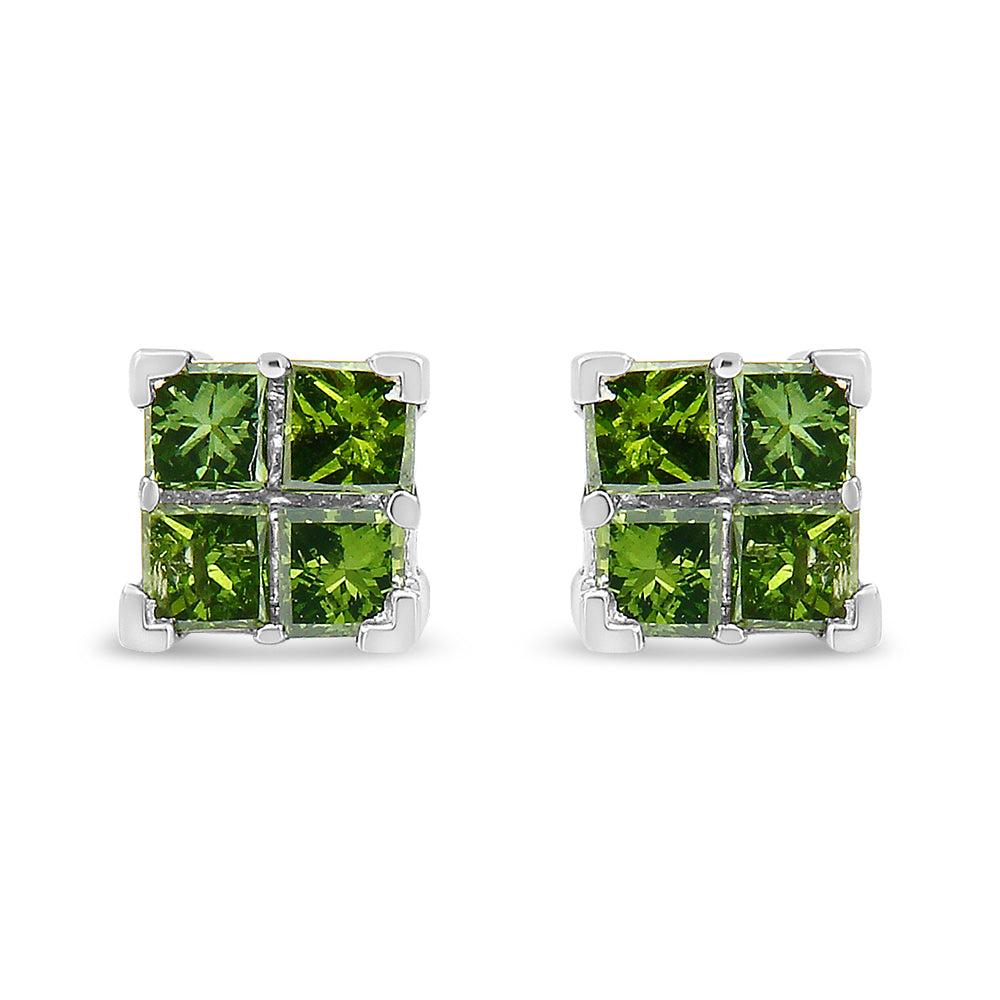 .925 Sterling Silver Treated Green Princess-cut Diamond 4 Stone Composite Quad Stud Earring (Green Color, I1-I2 Clarity)-Total Carat Weight 0.5