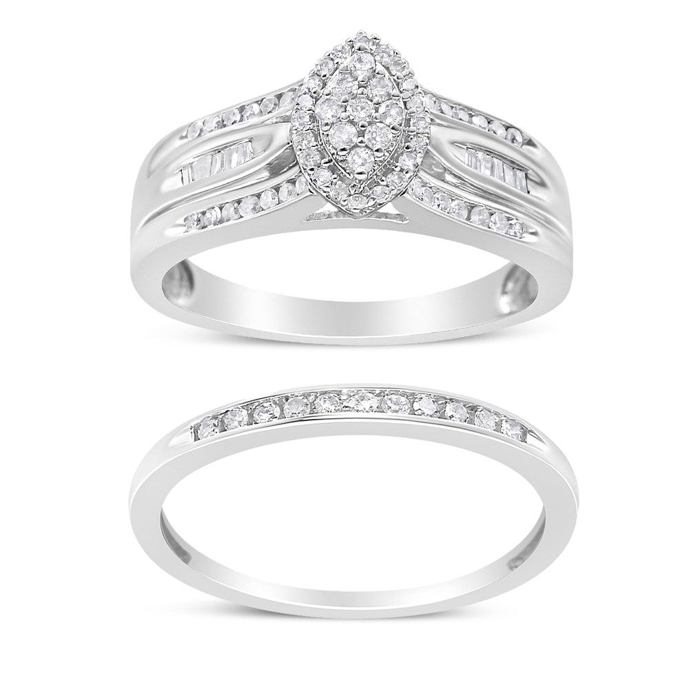 .925 Sterling Silver 1/2 Cttw Round and Baguette-Cut Diamond Engagement Bridal Set (I-J Color, I1-I2 Clarity) Ring Size-6.0