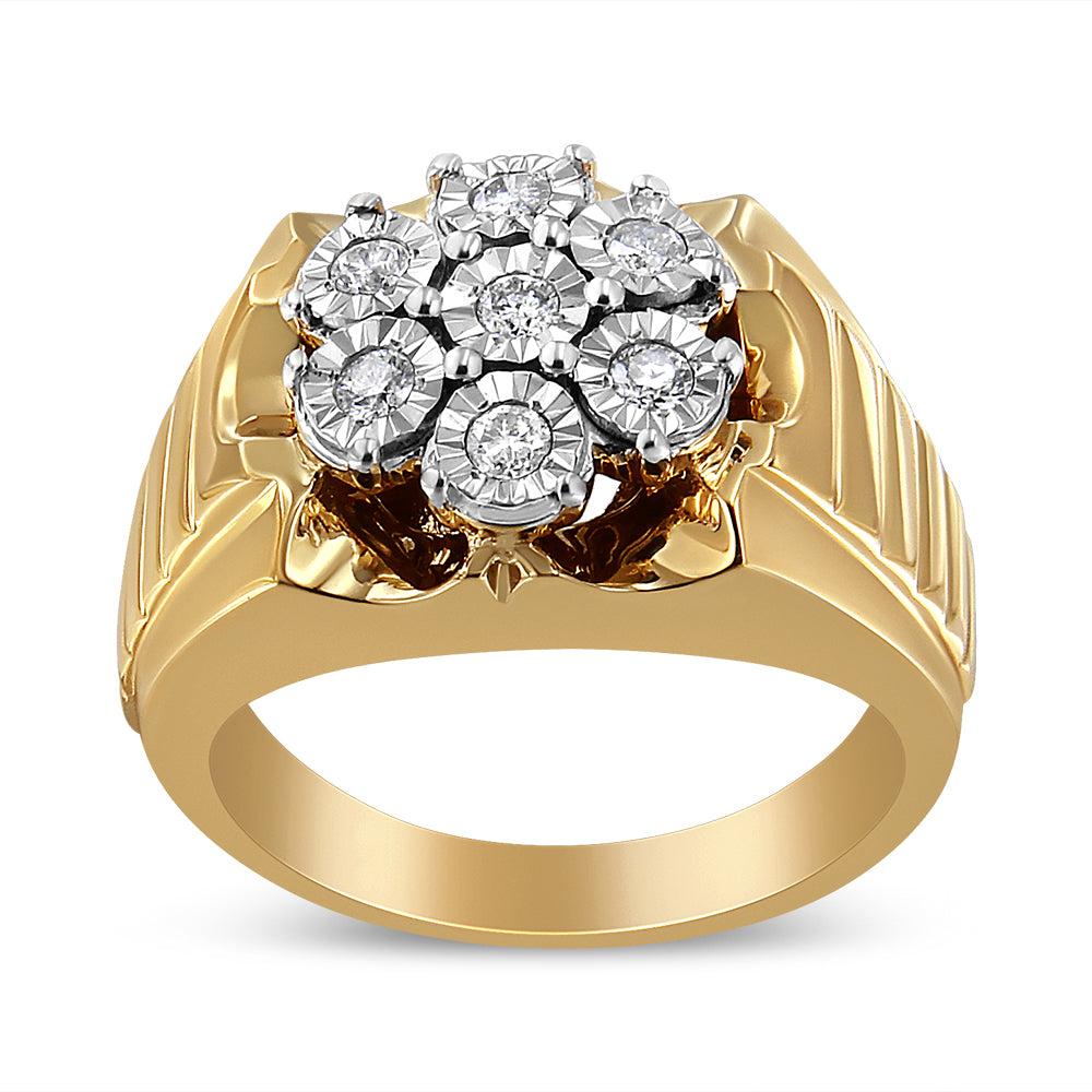 14K Yellow Gold Plated .925 Sterling Silver 1/3 Cttw Miracle-Set Floral Diamond Cluster Ring (I-J Color, I1-I2 Clarity) Ring Size-9.0