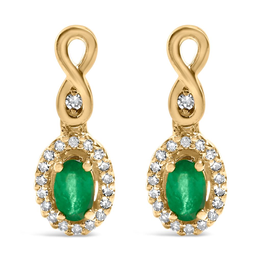 10K Yellow Gold Oval Cut Green Emerald 5x3 mm and 1/7 Cttw Round Diamond Dangle Earrings