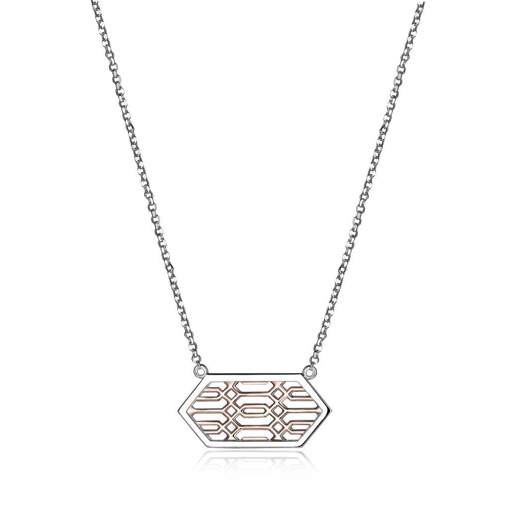 NR0LB92-2T Lattice Two Tone Horizontal Hexagon Necklace