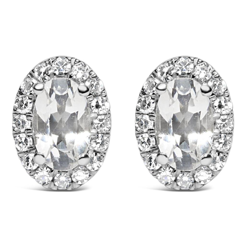 10K White Gold 5x3 MM Oval Cut Birthstone and Diamond Halo Stud Earrings (I-J Color, I1-I2 Clarity)