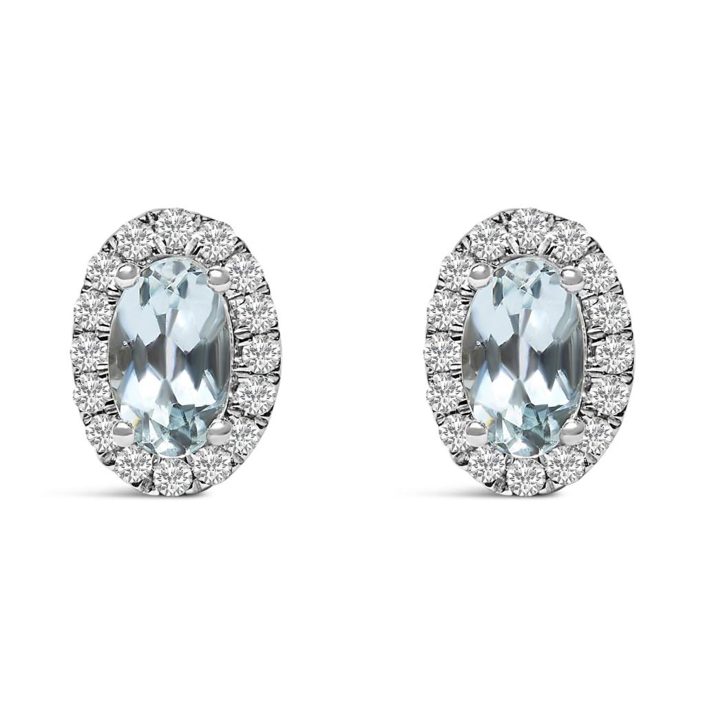 10K White Gold 5x3 MM Oval Cut Birthstone and Diamond Halo Stud Earrings (I-J Color, I1-I2 Clarity)