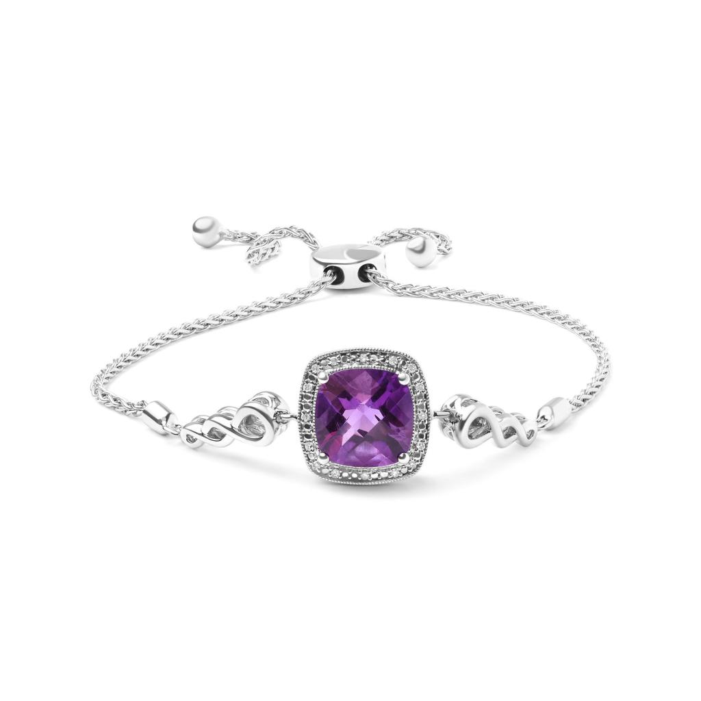 .925 Sterling Silver 10mm Cushion Cut Amethyst Gemstone and Diamond Accent Lariat 4-10 Adjustable Bolo Bracelet (H-I Color, SI1-SI2 Clarity)