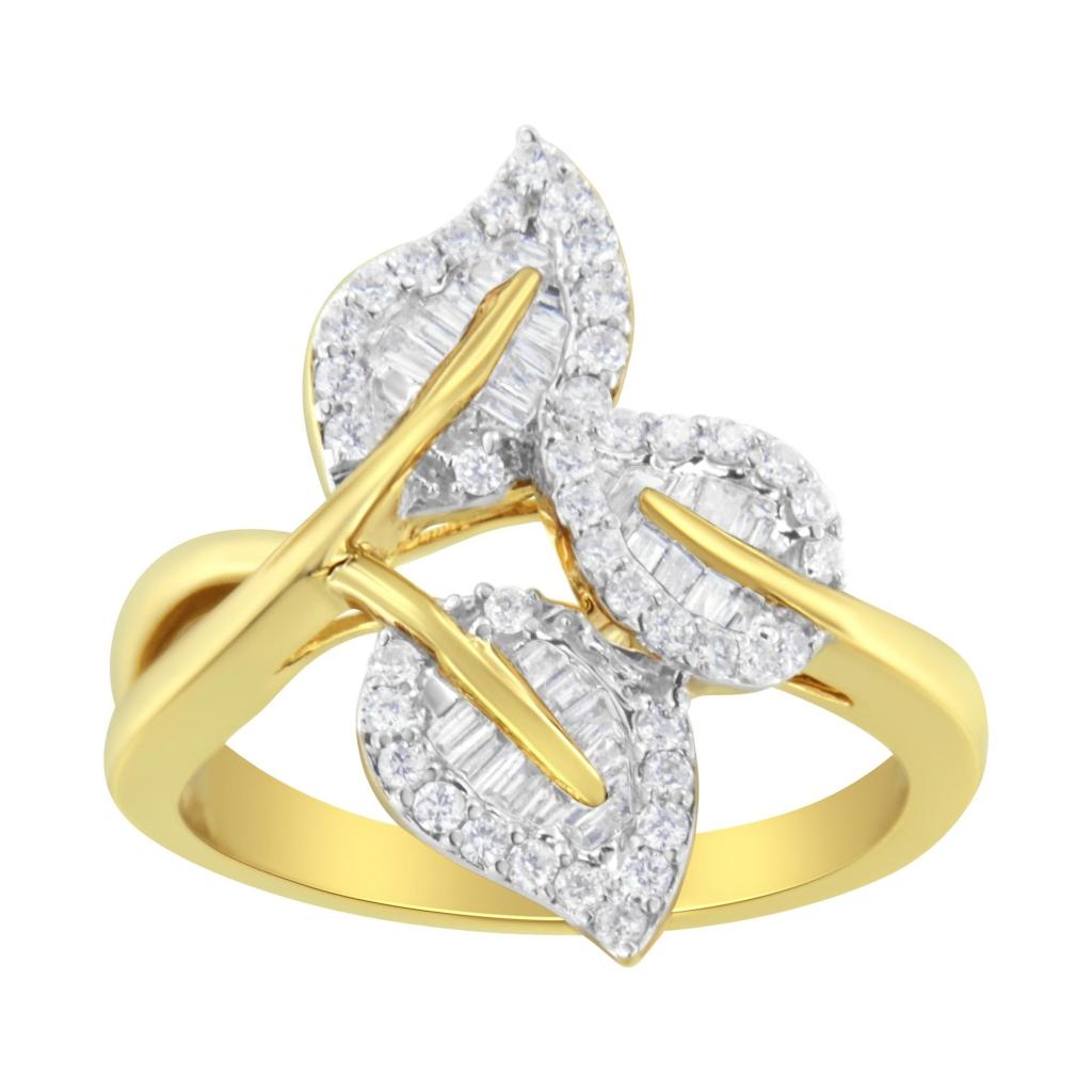 18K Yellow and White Gold Plated .925 Sterling Silver 3/8 Cttw Baguette and Round Diamond Bypass Triple Leaf Ring (I-J Color, I1-I2 Clarity) Ring Size-6.0