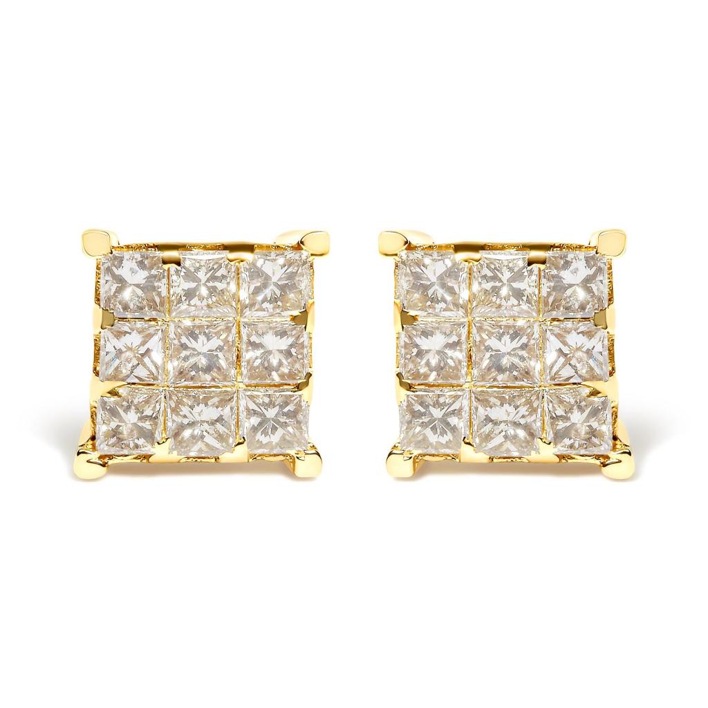 14K Yellow Gold 1 1/2 Cttw Invisible Set Princess-Cut Diamond 9 Stone Square Stud Earrings (J-K Color, SI2-I1 Clarity)