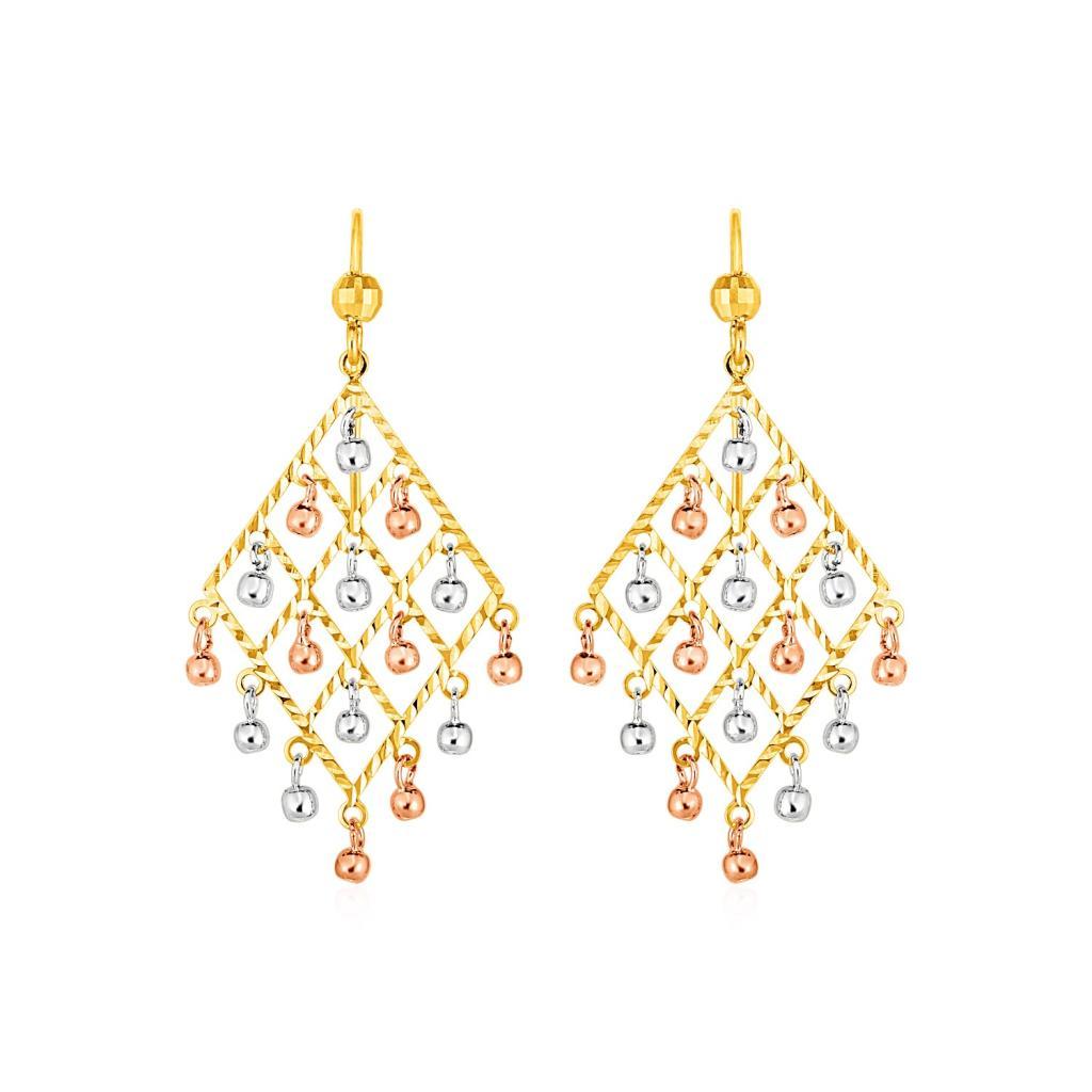 Textured Chandelier Earrings with Ball Drops in 14k Tri Color Gold