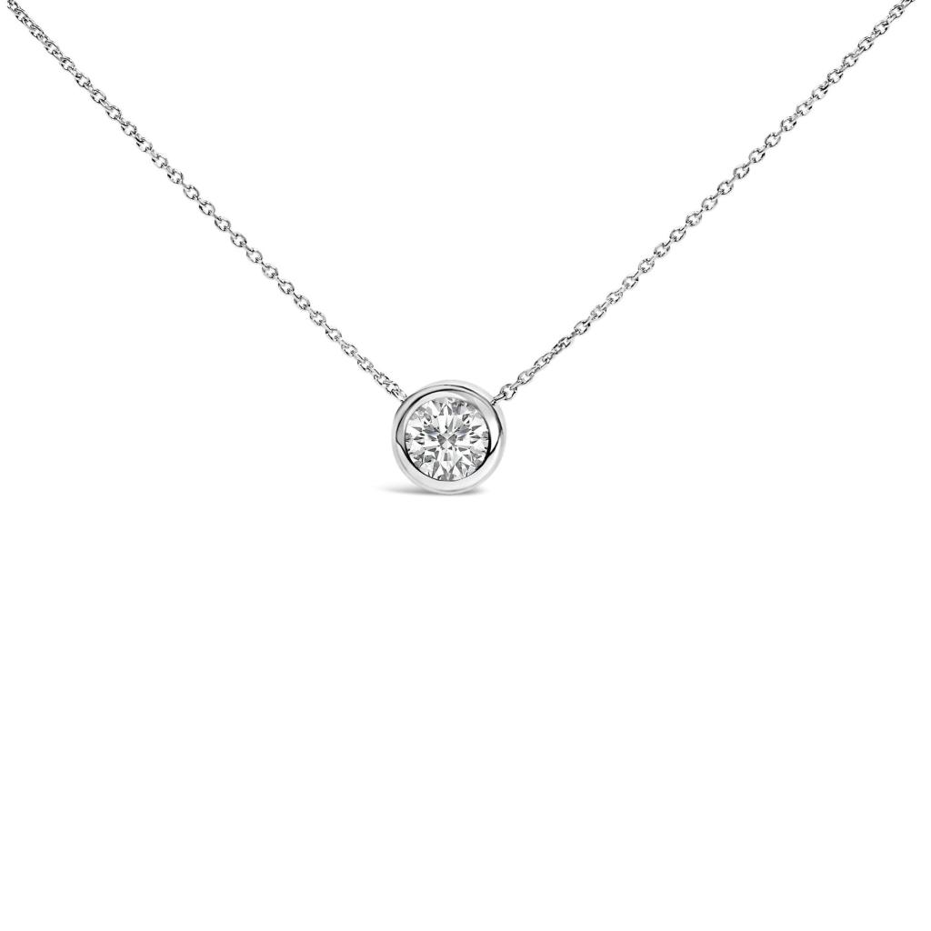 .925 Sterling Silver 7MM Bezel Set Created Gemstone Pendant Necklace - 18" Inches - White Sapphire