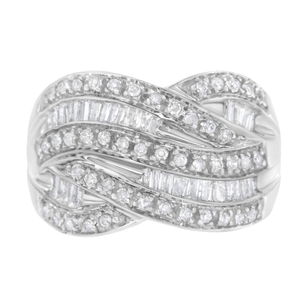 .925 Sterling Silver 1.0 Cttw Channel Set Alternating Round and Baguette Diamond Cross-over Bypass Ring Band (I-J Color, I2-I3 Clarity) Ring Size-6.0