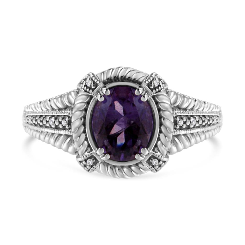 .925 Sterling Silver Prong Set Natural Oval Shape 9X7 MM Purple Amethyst Solitaire and Diamond Accent Ring (I-J Color, I1-I2 Clarity) Ring Size-6.0