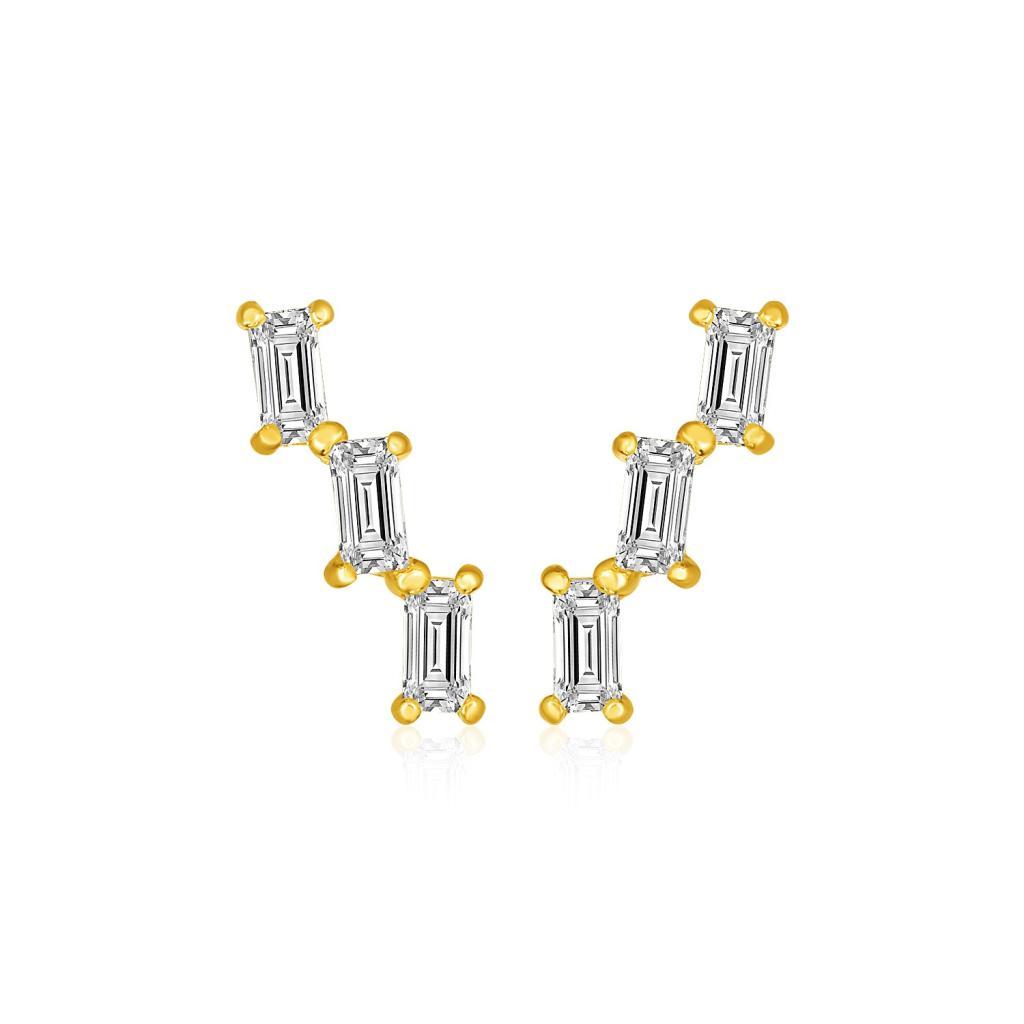 14k Yellow Gold Climber Post Earrings with Baguette Cubic Zirconias