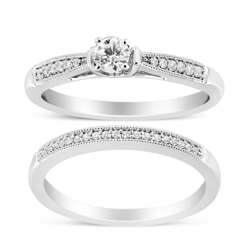 .925 Sterling Silver 1/3 Cttw Diamond Classic Engagement Ring Bridal Set with Milgrain (I-J Color, I3 Clarity) Ring Size-7.0