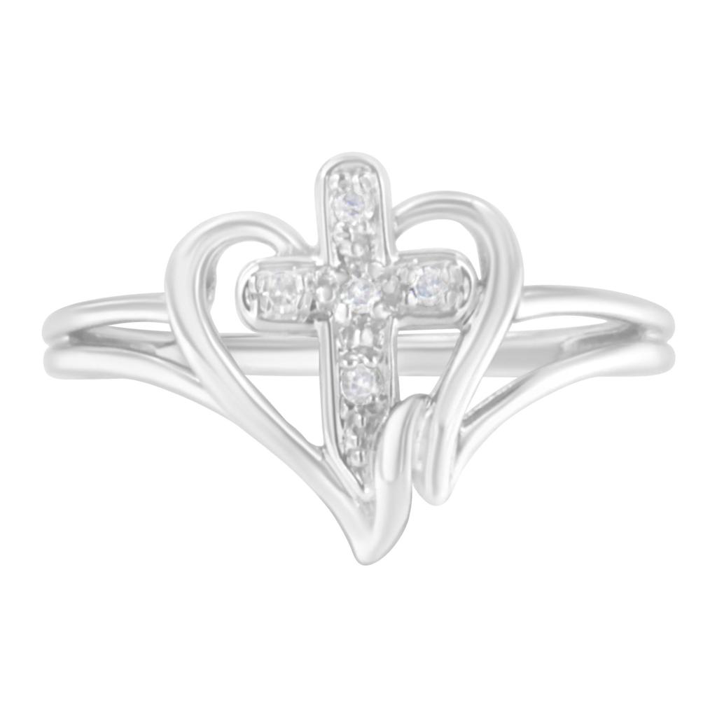 10K White Gold Diamond-Accented Cross & Open Heart Promise Fashion Ring (H-I Color, I1-I2 Clarity) Ring Size-6.5