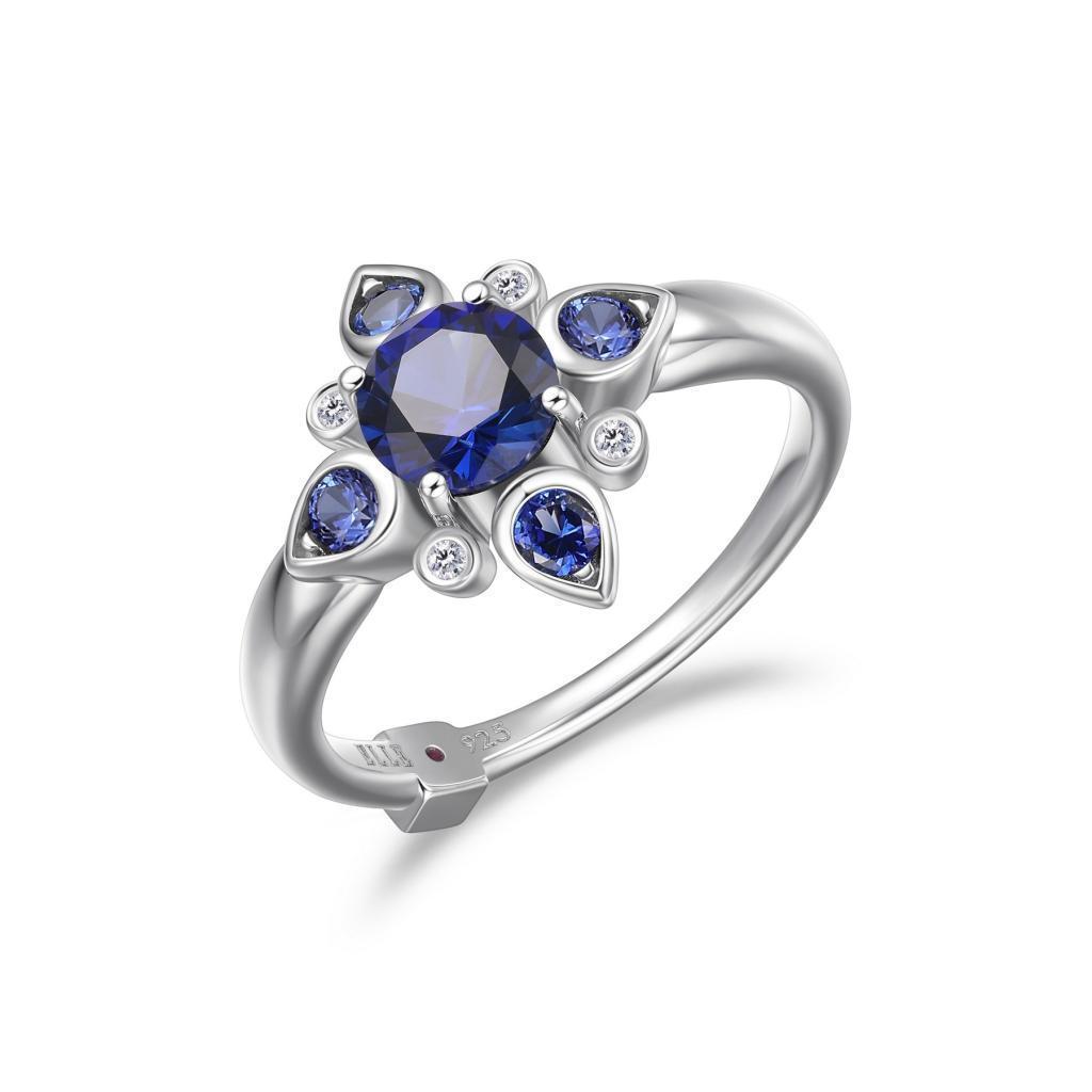 RR4LAD0-W-7 "Blue Star" Sterling Silver Created Sapphire and Lab Grown Diamond Star Ring - Silver - Size 7