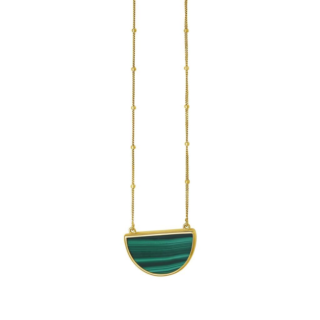 Malachite Geometric Half Moon Necklace in 14K Yellow Gold