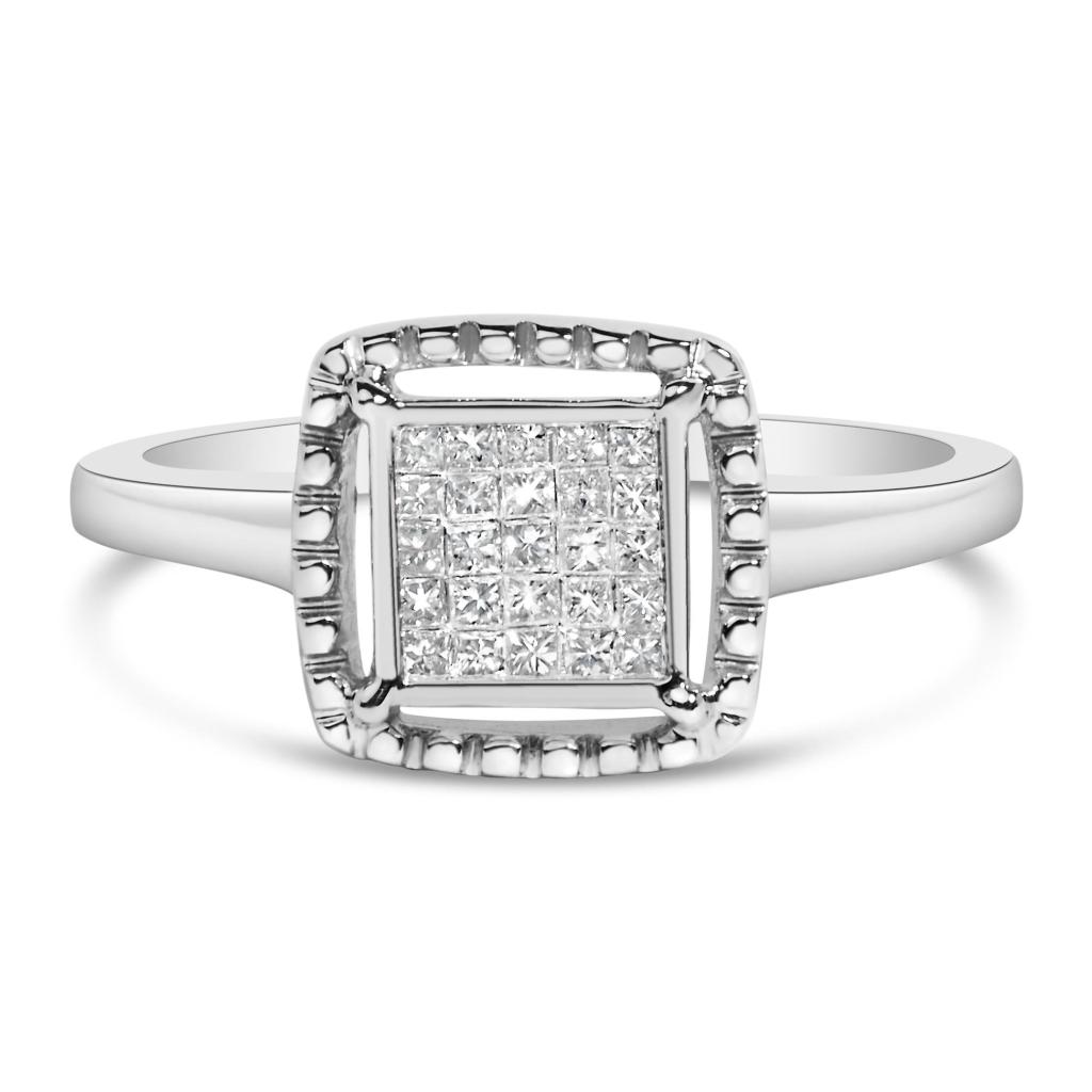 .925 Sterling Silver 1/5 Cttw Invisible Set Princess Cut Diamond Promise Ring with Beaded Halo (H-I Color, I1-I2 Clarity) Ring Size-7.0