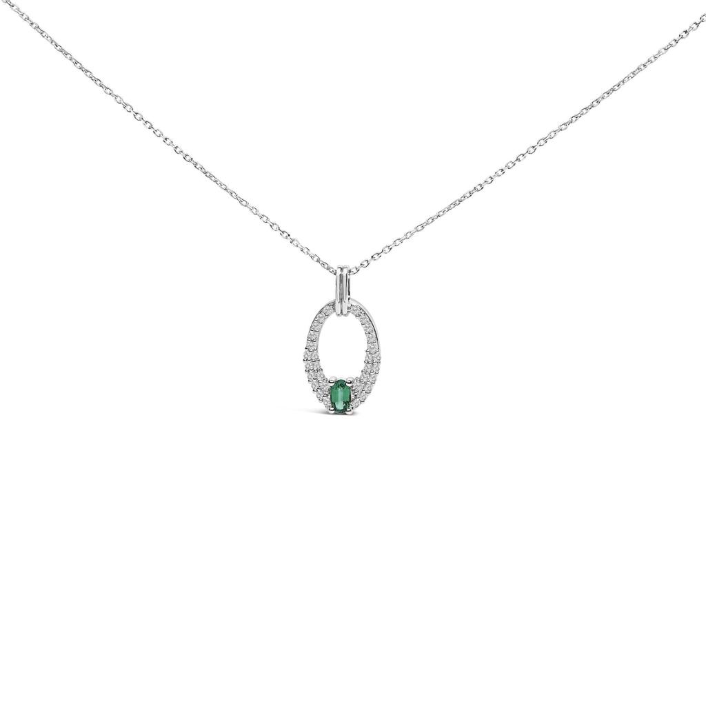 .925 Sterling Silver Created Green Emerald and White Sapphire Oval Shaped Pendant Necklace - 18" Inches