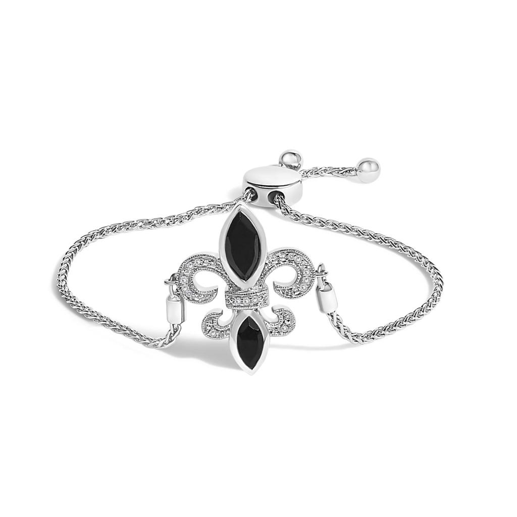 .925 Sterling Silver Marquise Black Onyx and Diamond Accent Lariat 4-10 Fleur De Lis Adjustable Bolo Bracelet (I-J Color, I1-I2 Clarity)