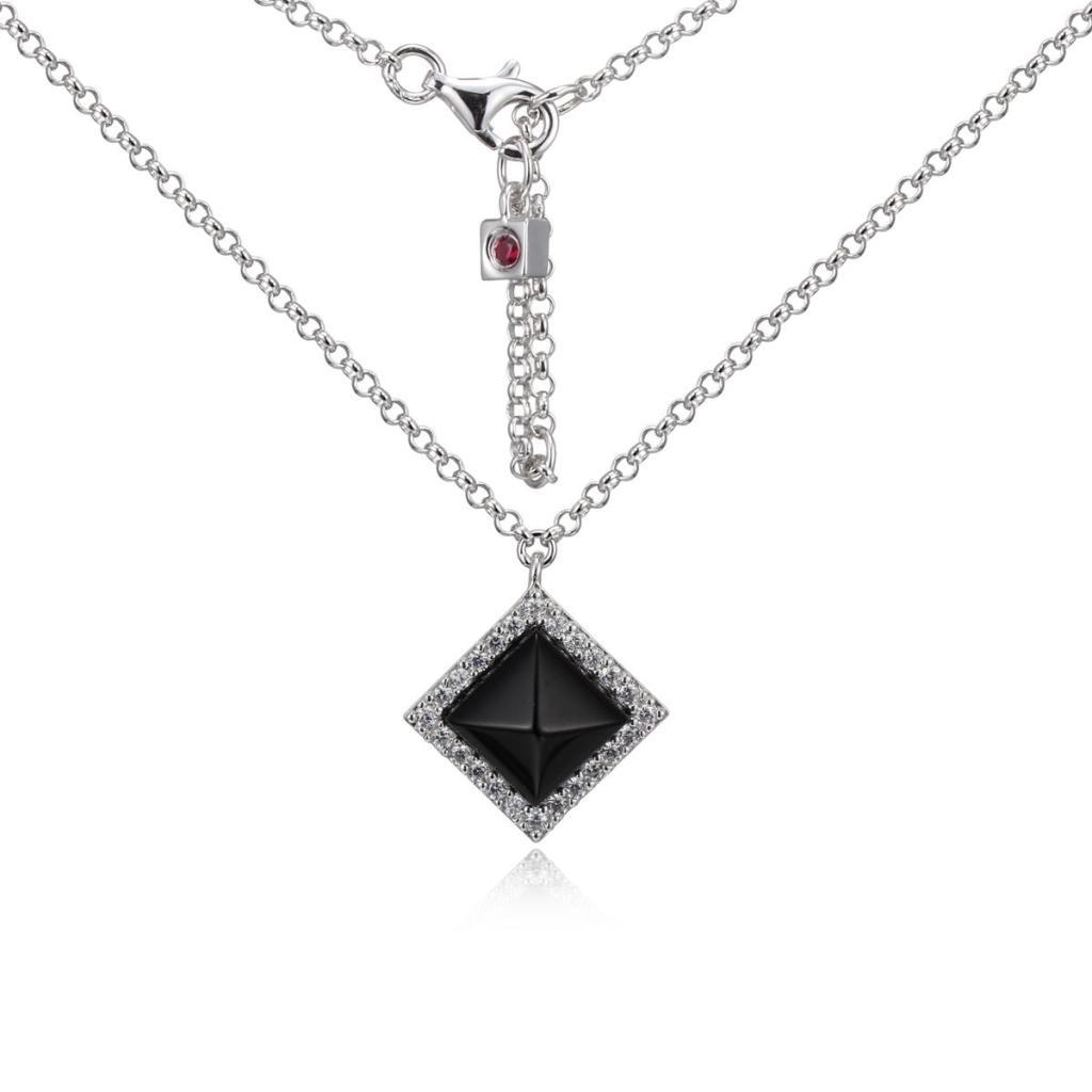 NR0LAR1-W Nefer Black Agate and Cubic Zirconia Pyramid Necklace