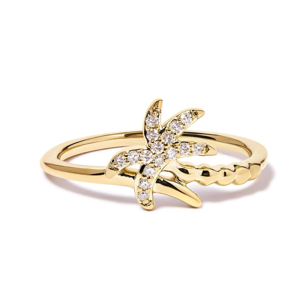 10K Yellow Gold 1/10 Cttw Diamond  Palm Tree Statement Ring (H-I Color, I1-I2 Clarity) Ring Size-8.0