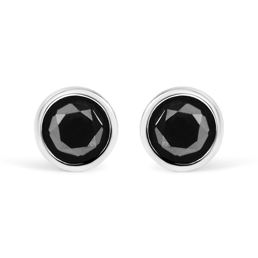 .925 Sterling Silver Round Brilliant-Cut Black Diamond Bezel-Set Stud Earrings with Screw Backs (Fancy Color-Enhanced, I2-I3 Clarity)