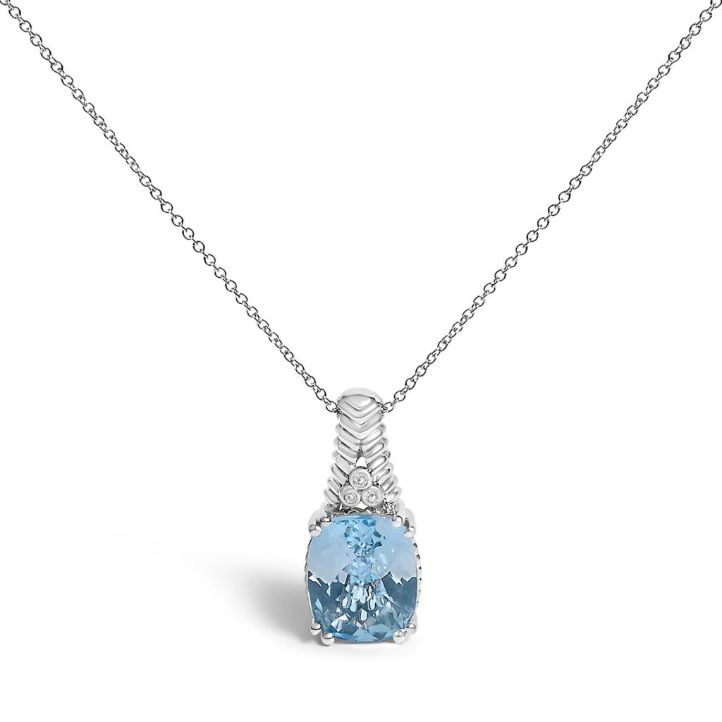.925 Sterling Silver Blue Topaz and Diamond Accent Textured Pendant Necklace - 18" Inches