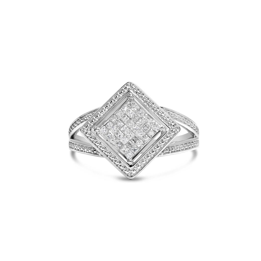.925 Sterling Silver 1/3 Cttw Invisible Set Princess-Cut Diamond Rhombus and Beaded Halo Ring (H-I Color, SI1-SI2 Clarity) Ring Size-7.0