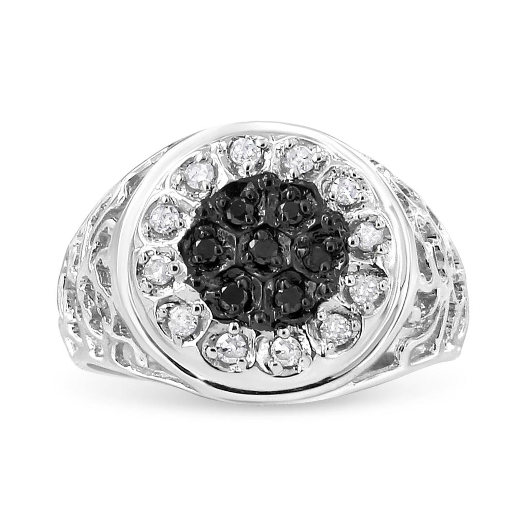 .925 Sterling Silver 1/4 Cttw White and Black Treated Diamond Halo Cluster Ring for Men (I-J Color, I3 Clarity) Ring Size-11.0