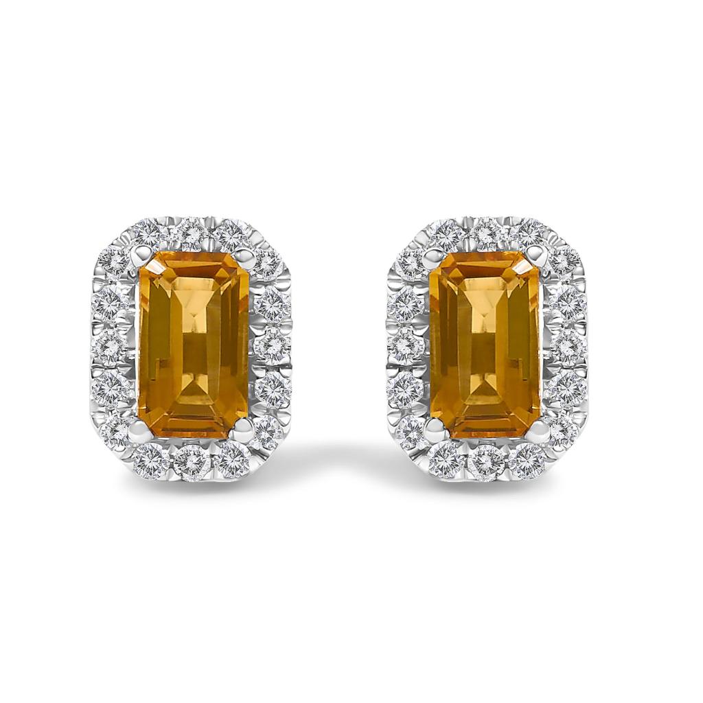 10K Gold 5x3mm Emerald-Cut Gemstone and 1/7 Cttw Diamond Halo Octagonal Stud Earrings (I-J Color, I1-I2 Clarity)