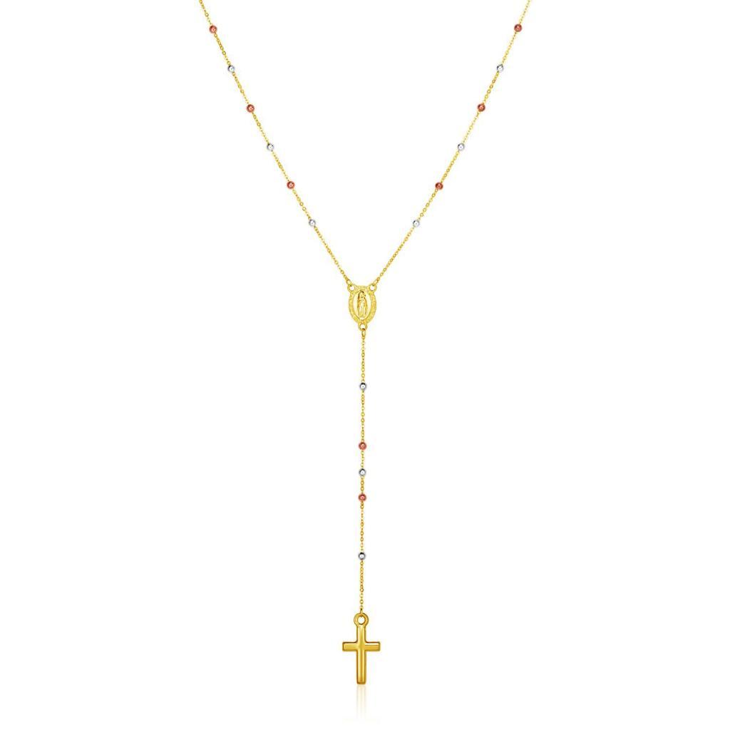 14k Tri Color Gold Lariat Rosary Necklace