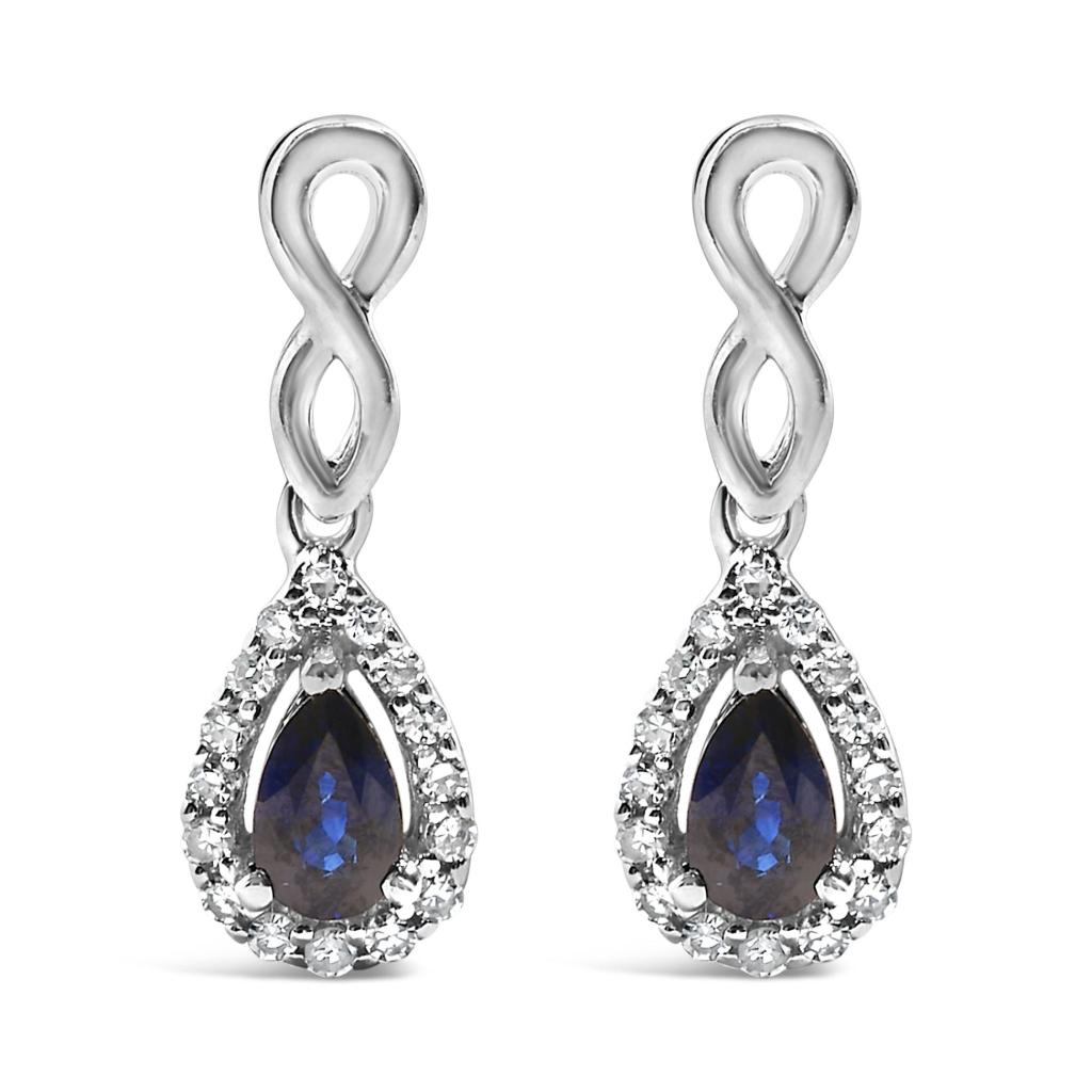 10K White Gold Pear Cut Blue Sapphire and 1/7 Cttw Diamond Infinity Drop and Dangle Earrings (I-J Color, I1-I2 Clarity)