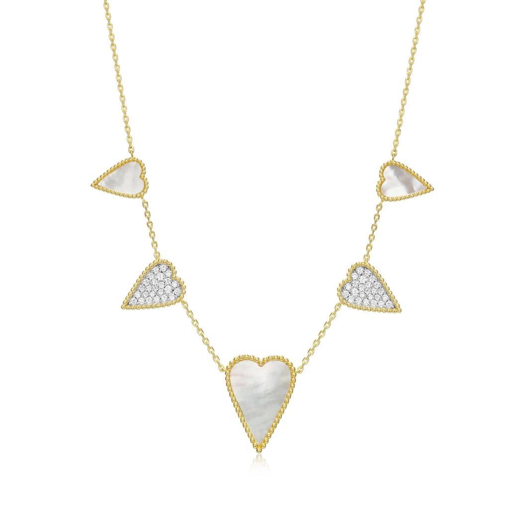 N30LBY4-Y Long Love Mother of Pearl and Cubic Zirconia 5 Heart Necklace