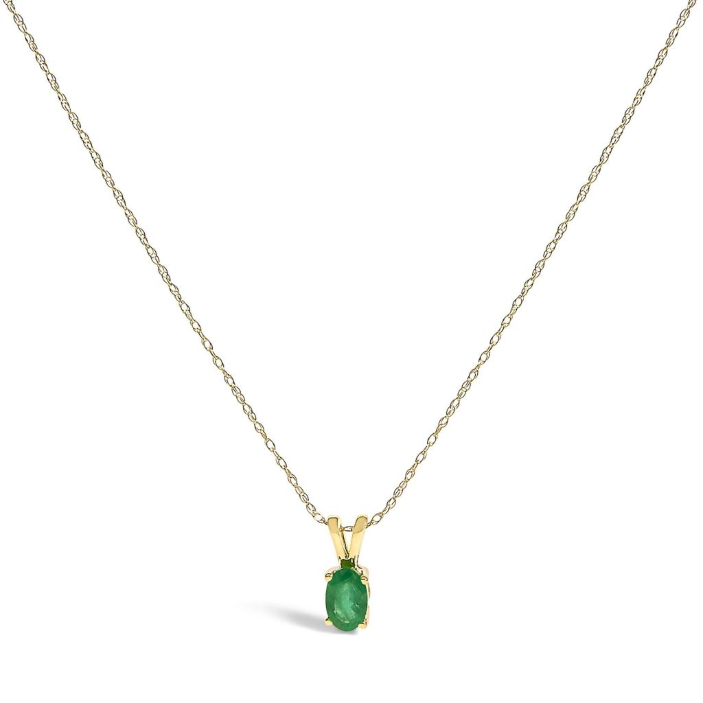 14K Yellow Gold Oval Green Emerald Solitaire Pendant Necklace - 18" Inches