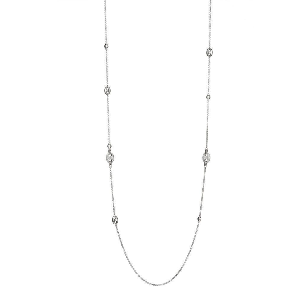 NR0LBV1-W "Espion" Sterling Silver with Pave Cubic Zirconia and Bead Station Long Necklace