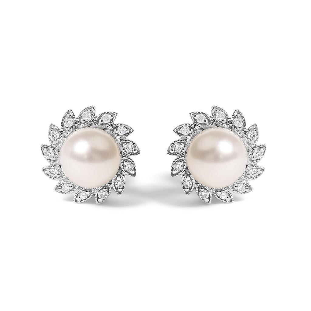 10K White Gold Heirloom-Style Pearl and Diamond Accent Halo Stud Earrings (I-J color, I1-I2 Clarity)