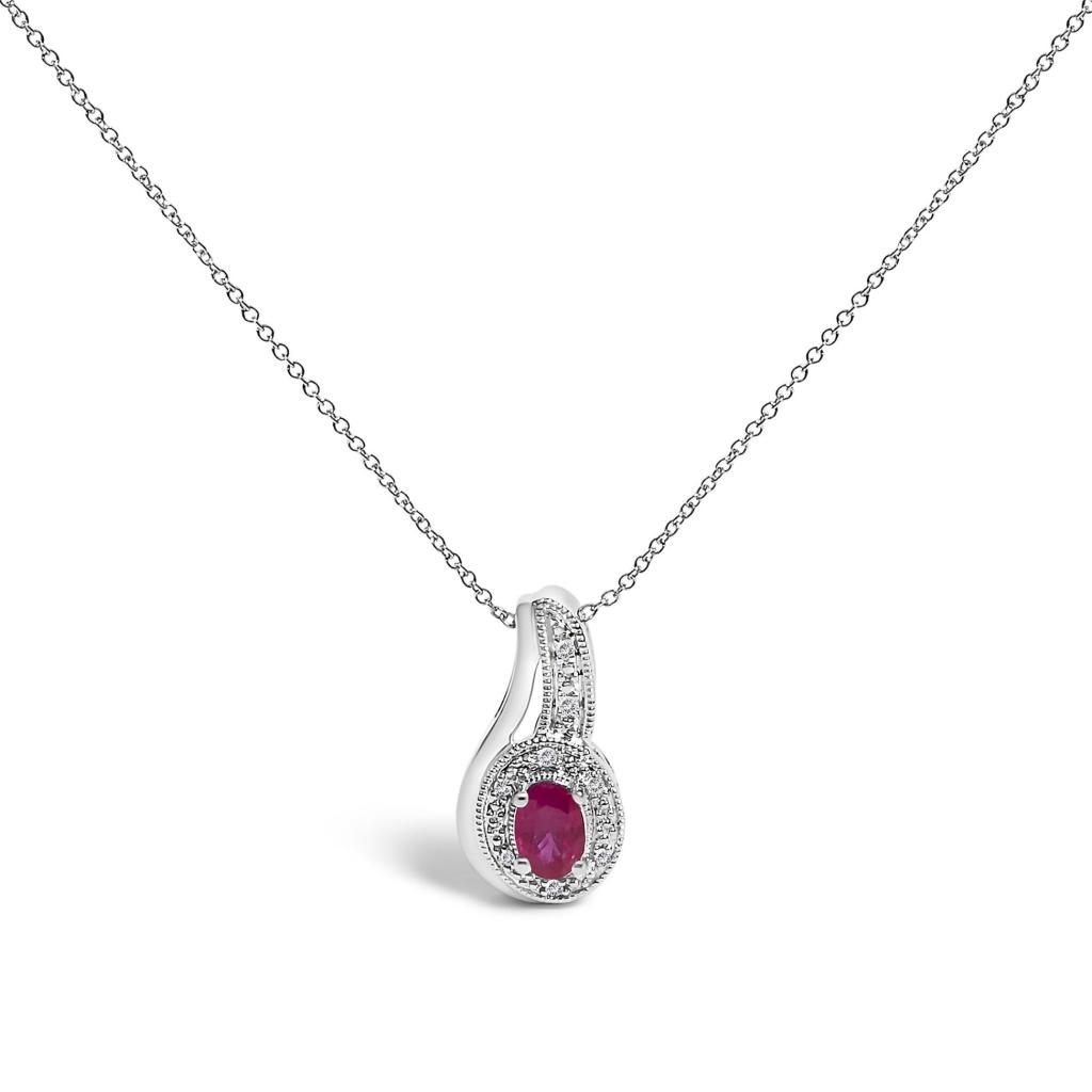 .925 Sterling Silver Red Ruby and Diamond Accent Milgrain Swirl Pendant Necklace - 18" Inches