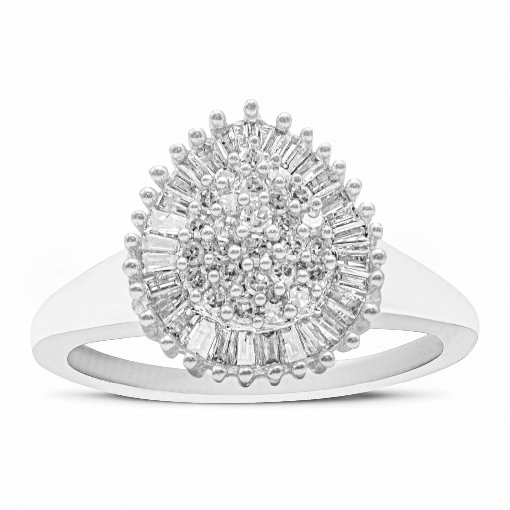 10K White Gold 1/2 Cttw Round & Baguette Cut Diamond Pear Shaped Domed Pavé Cluster with Halo Cocktail Ring (H-I Color, SI1-SI2 Clarity) Ring Size-6.0