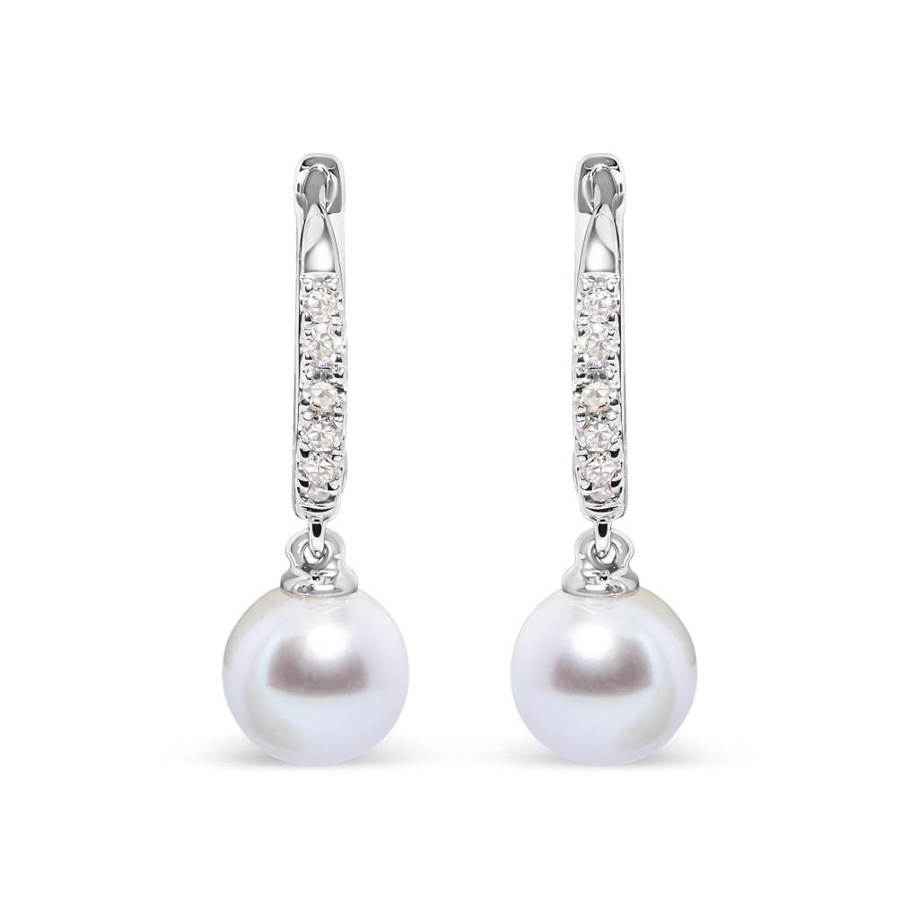 10K White Gold 6x6 MM Cultured Freshwater Pearl and Diamond Accent Drop Huggy Earring (H-I Color, I1-I2 Clarity)