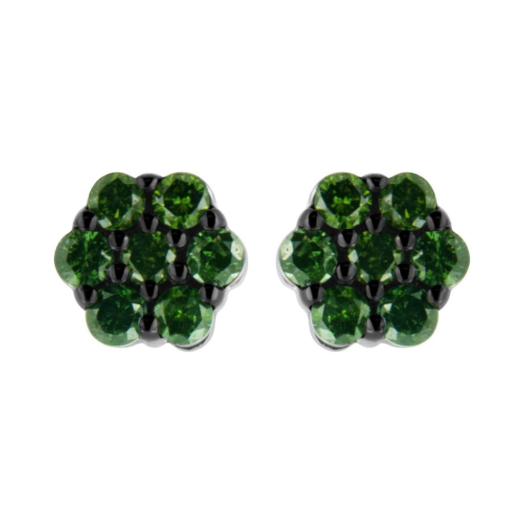 .925 Sterling Silver  Prong Set Round-Cut Treated Colored Diamond Floral Cluster Stud Earring - Green Diamond - Total Diamond Weight - 0.5