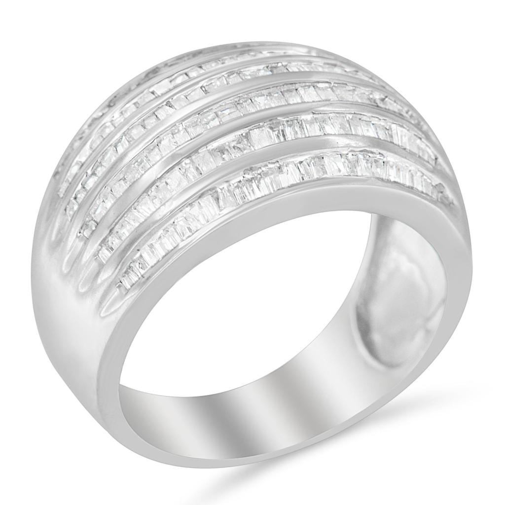 .925 Sterling Silver 1.0 Cttw Baguette-Cut Diamond 6-Row Channel Set Domed Tapered Cocktail Fashion Ring (H-I Color, I2-I3 Clarity) Ring Size-7.5