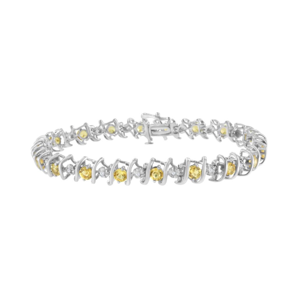 .925 Sterling Silver Lab-Grown Birthstone and 1/6 Cttw Round Diamond Tennis Bracelet (H-I Color, I1-I2 Clarity) - Yellow Citrine