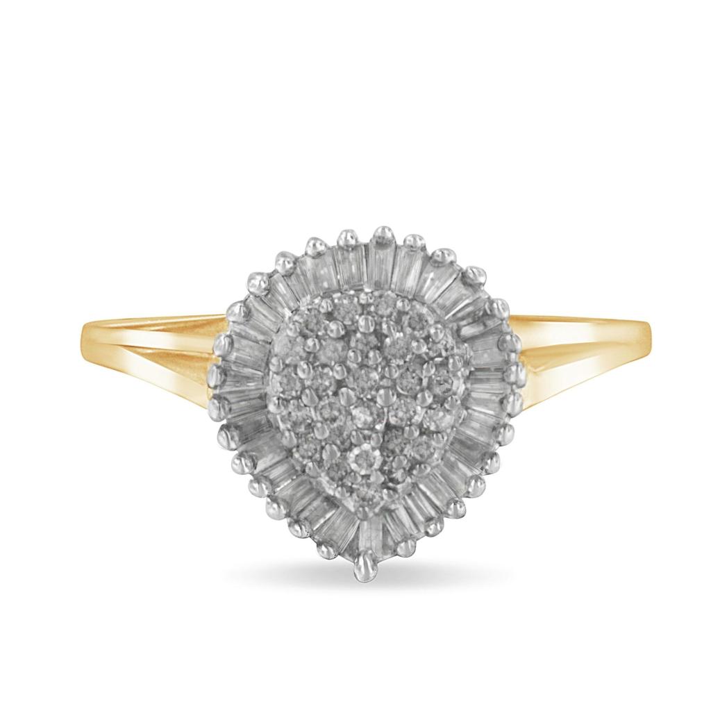 10K Yellow Gold 1/2 Cttw Round & Baguette Cut Diamond Pear Shaped Domed Pavé Cluster with Halo Cocktail Ring (J-K Color, I1-I2 Clarity) Ring Size-7.5