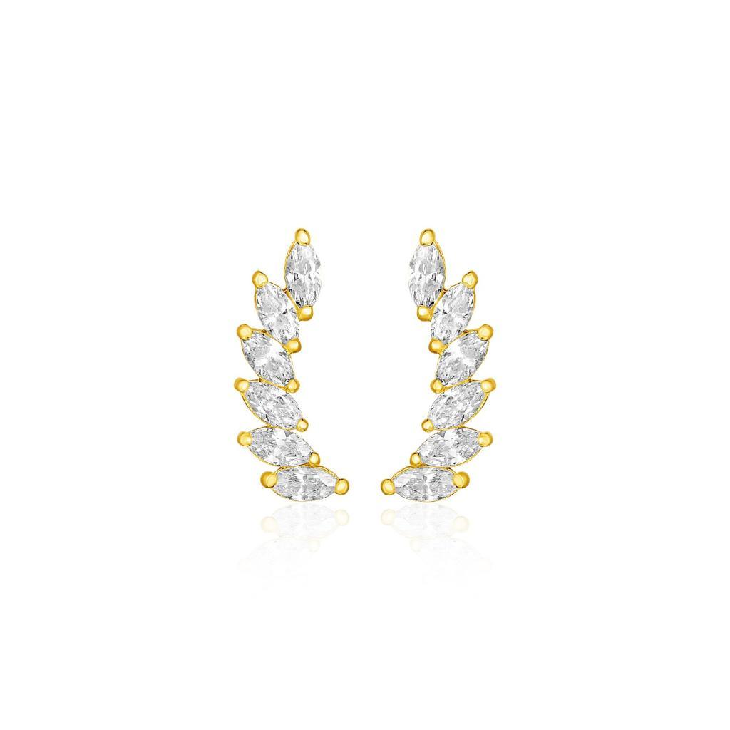 14k Yellow Gold Leaf Motif Climber Post Earrings with Marquise Cubic Zirconias