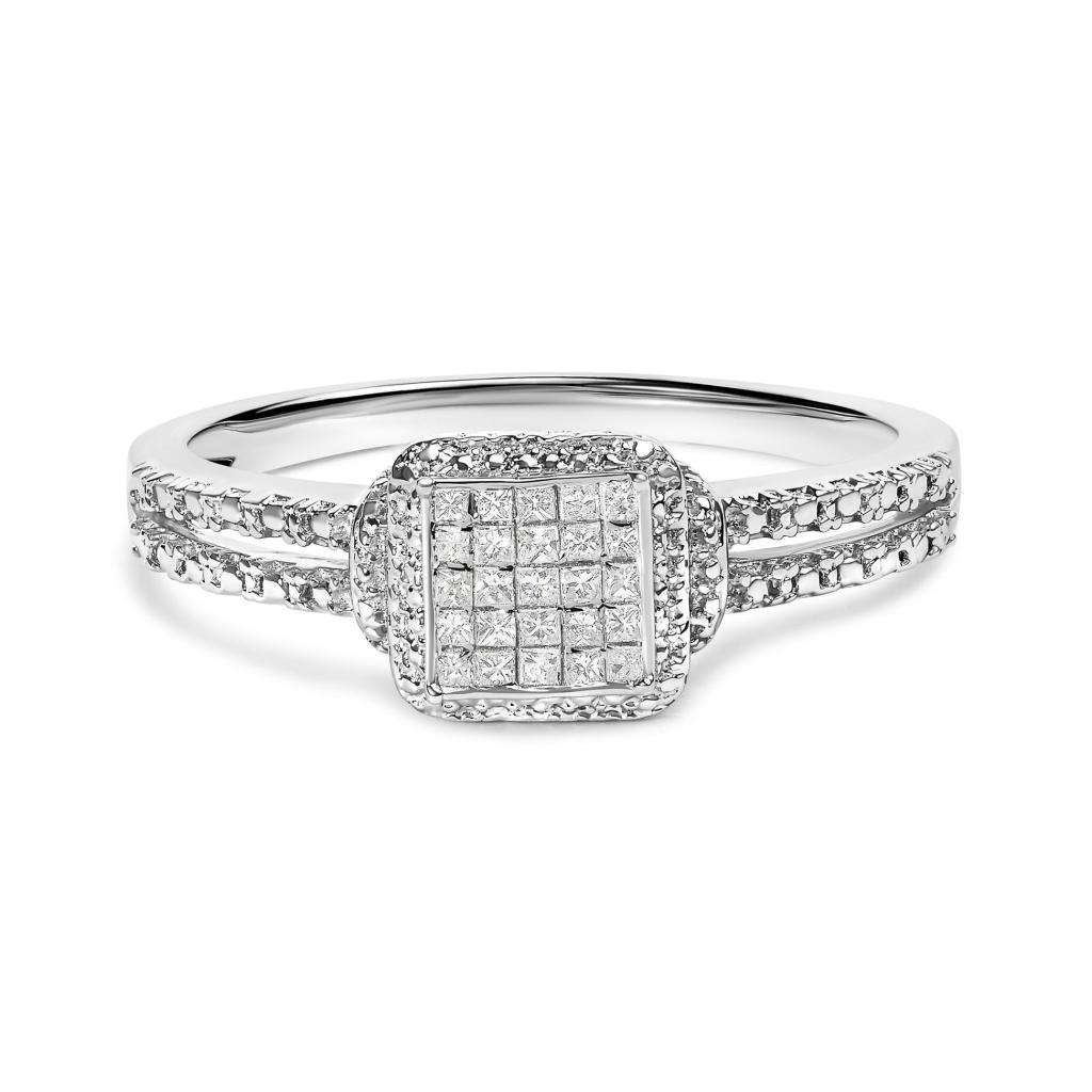 .925 Sterling Silver 1/4 Cttw Princess-cut Diamond Composite Ring with Beaded Halo (H-I Color, SI1-SI2 Clarity) Ring Size-12.0