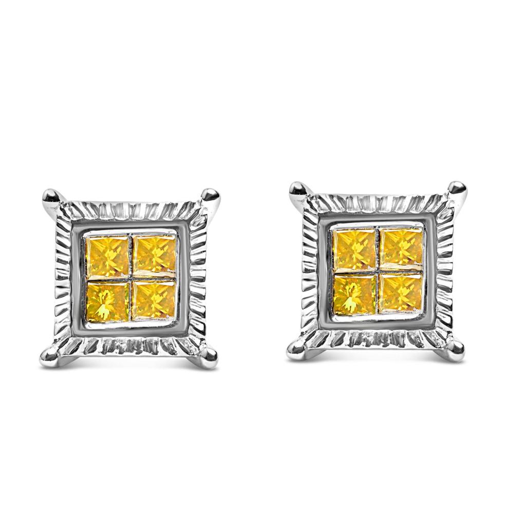 .925 Sterling Silver 1/2 Cttw Yellow Princess Diamond Quad Stud Earring