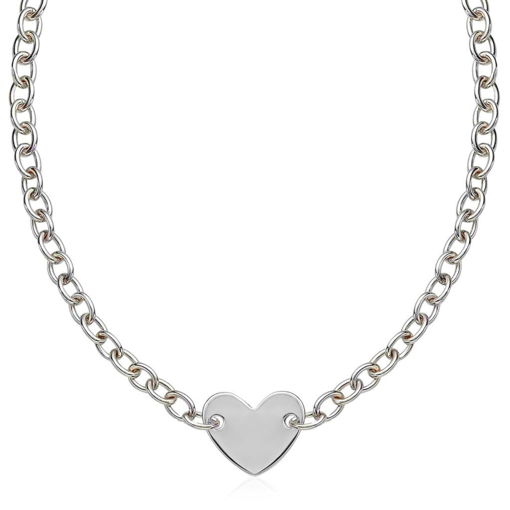Sterling Silver Rhodium Plated Chain Bracelet with a Flat Heart Motif Station