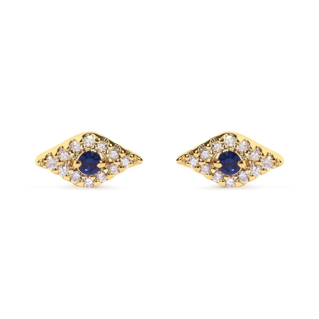 10K Yellow Gold Blue Sapphire and Diamond Accent Evil Eye Stud Earring (H-I Color, I1-I2 Clarity)