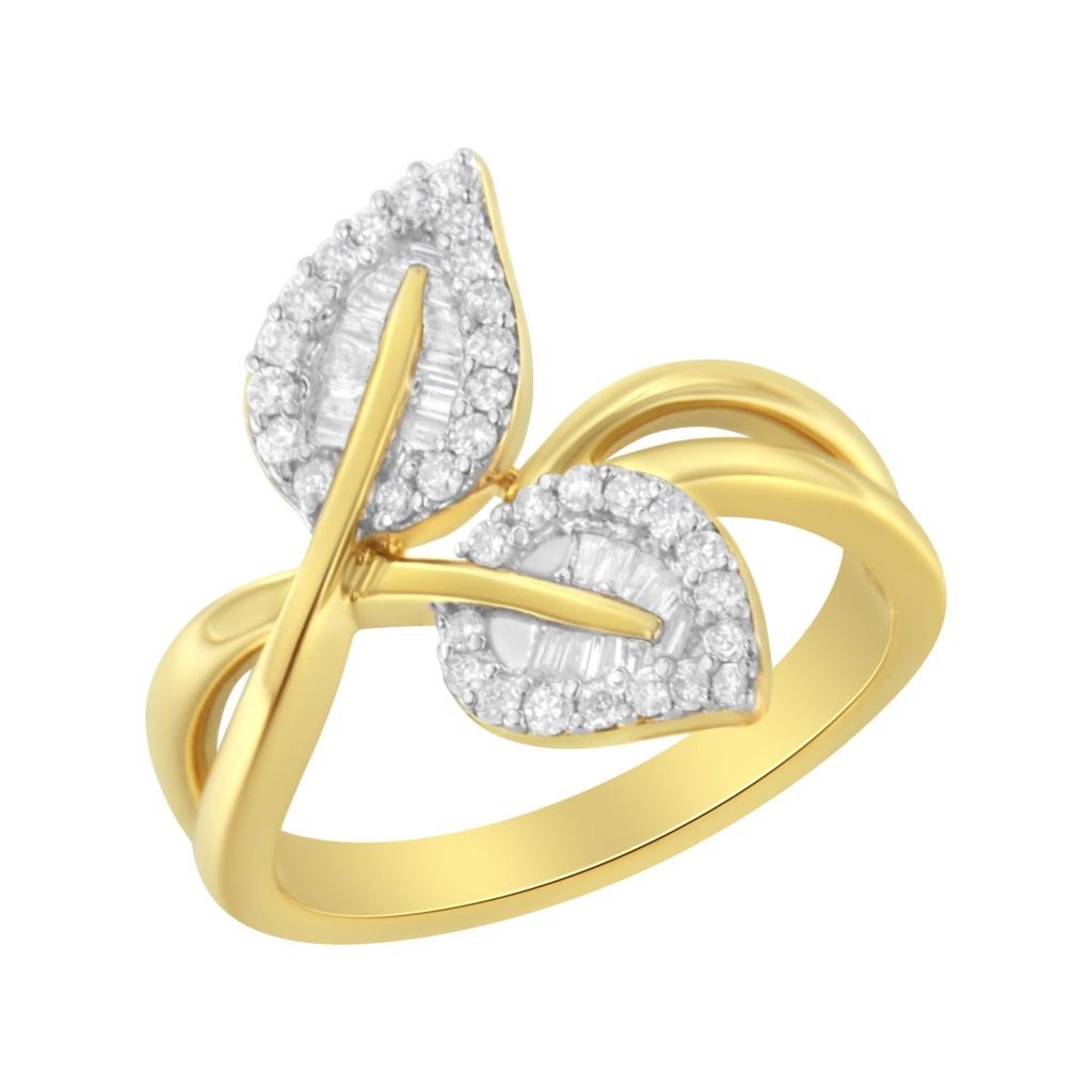 10K Yellow Gold 3/8 Cttw Round and Baguette-Cut Diamond Leaf Cocktail Ring (I-J Color, I1-I2 Clarity) Ring Size-8.0