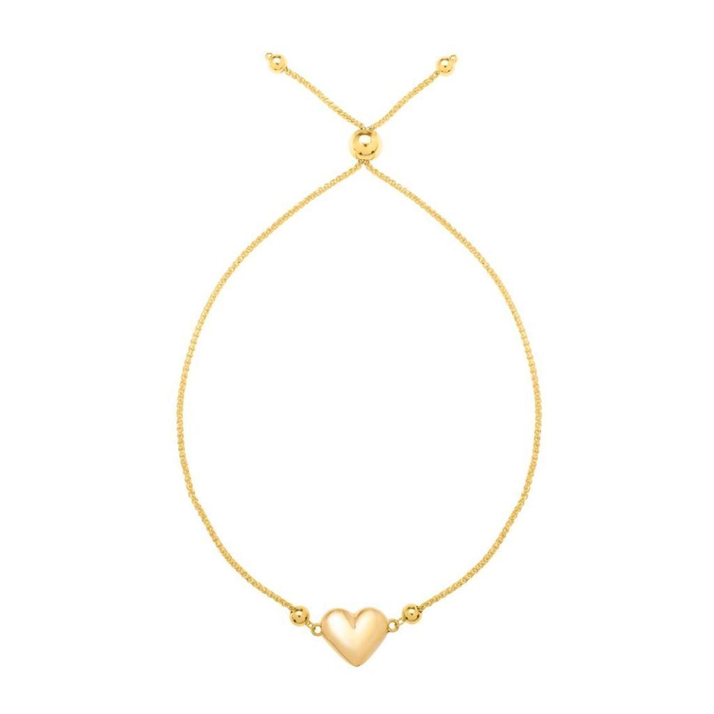 Adjustable Puffed Heart Draw String Bracelet in 14K Yellow Gold