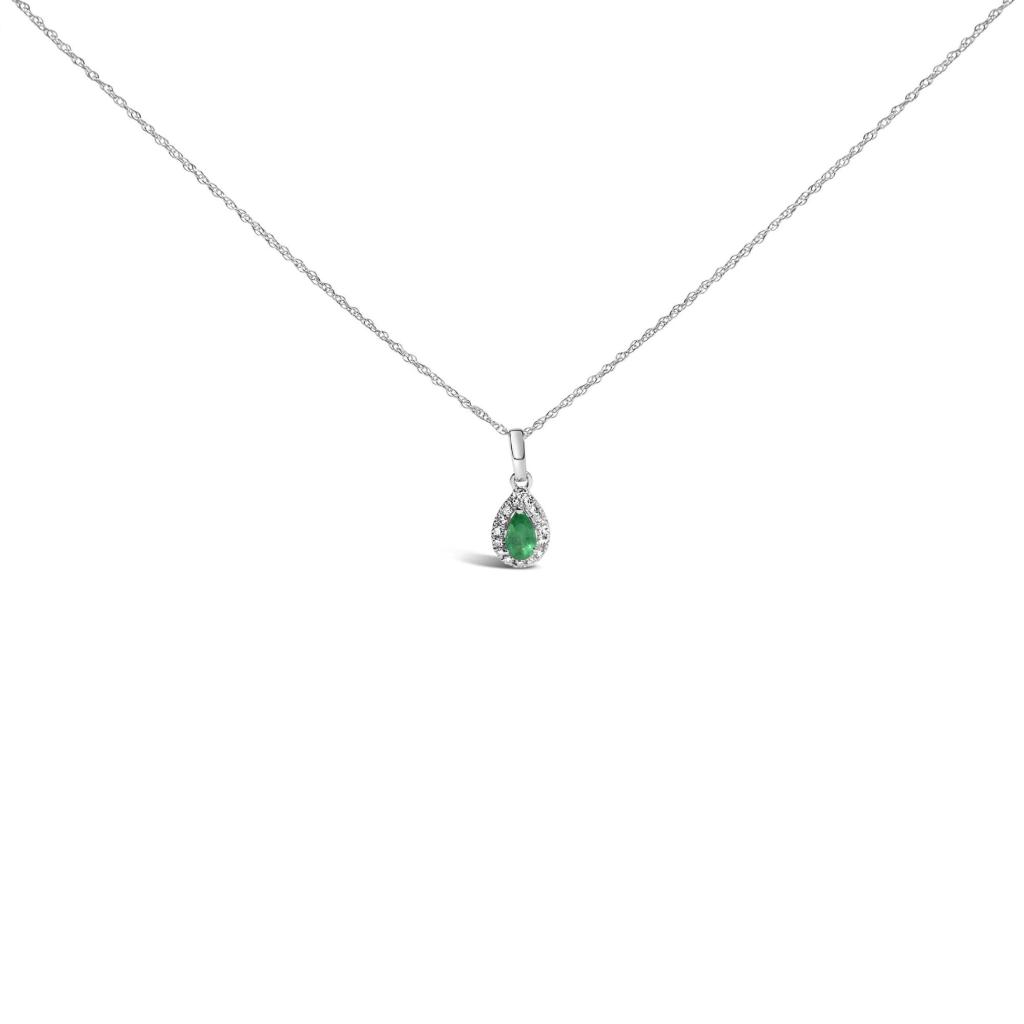 10K White Gold 5x3mm Gemstone and Diamond Accent Halo Pear Shape 18" Pendant Necklace (I-J Color, I1-I2 Clarity)